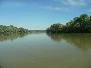 Boottochtje over de Dráva, links Hongarije, rechts Kroatië